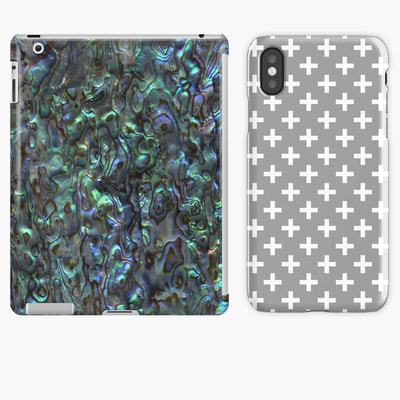 Abalone Shell / Paua Shell Tablet case and Criss Cross grey and white phone case by Eclectic at HeART