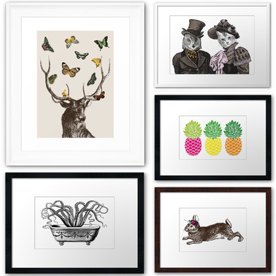 Stag and Butterflies, Tentacles in the Tub, Owl and Pussycat, Pineapple Trio, Rabbit and Roses art prints by Eclectic at HeART