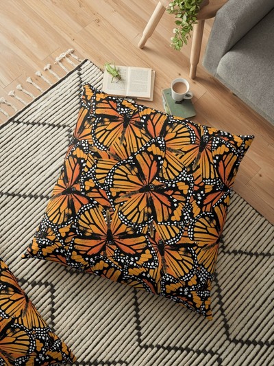 Monarch Butterfly Pattern square floor pillow, cushion, by Eclectic at HeART